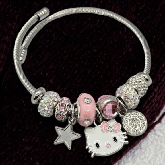 Hello Kitty Beaded Charm Bracelet Pink Rhinestone Silver Heart Bow Cat Jewelry - Picture 1 of 7